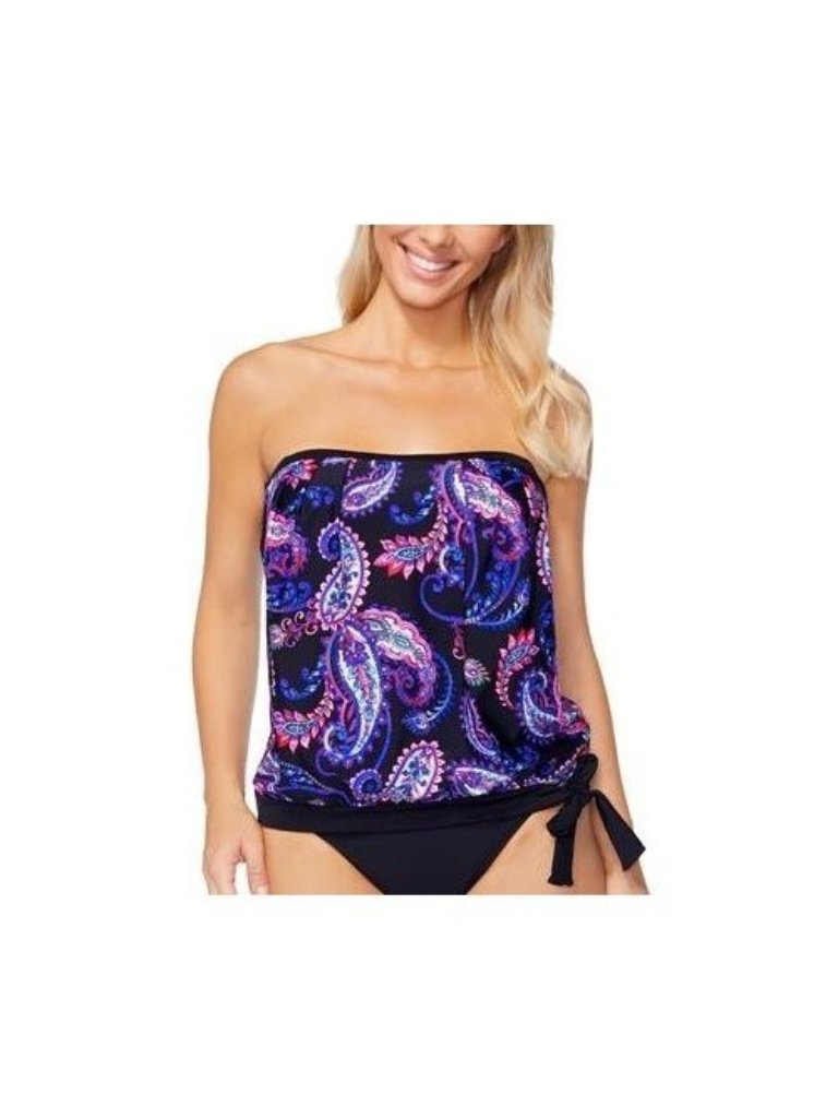 Island Escape Swim Top Womens Size 8 Black Paisley Bandeau Tankini Top